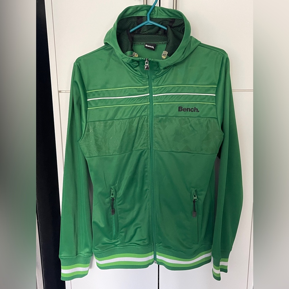 Men’s Green Bench Softshell/Track Jacket Hoodie Zip-Up, Adjustable Hood, Size S